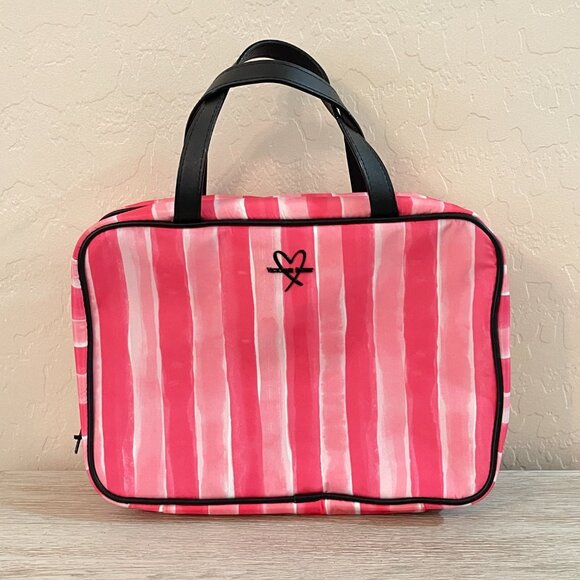 Victoria's Secret Makeup Case Cosmetic Accessory Bag Pink Stripe 3 Section Bag - Picture 1 of 11